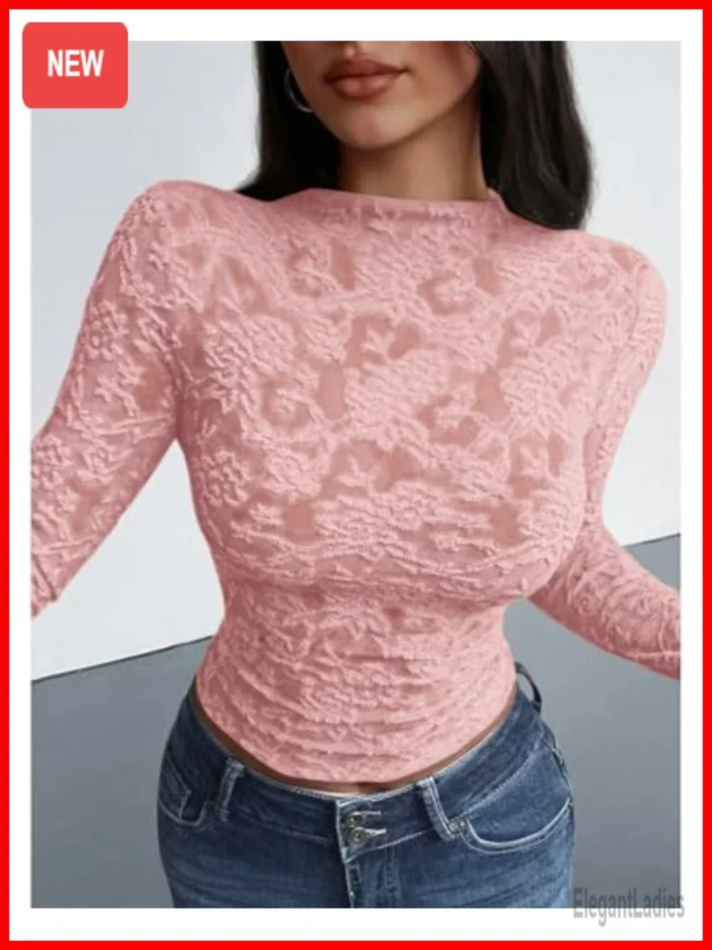 Mesh Long Sleeve Top Sheer See Through Crew Neck Lace Floral